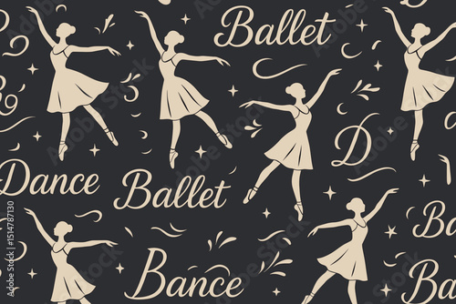 Seamless ballet pattern with elegant ballerina silhouettes, stars, and dance typography. Classic performance art, graceful movement, feminine beauty. Repetitive background vector illustration.