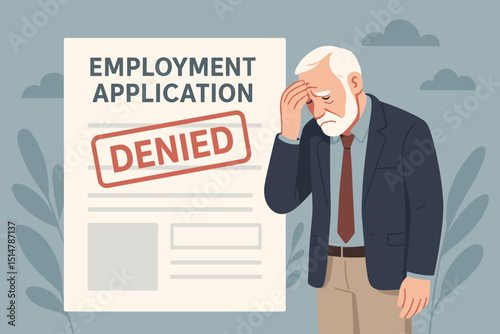 Disappointed senior man with denied employment application. Job rejection, unemployment, ageism concept. Sad elderly male experiencing career setback, failed interview. Frustration.