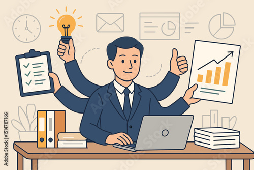 Office productivity concept: Multitasking businessman with many arms. Efficient manager with lightbulb idea, growth chart, checklist, laptop. Time management, workflow, success vector.
