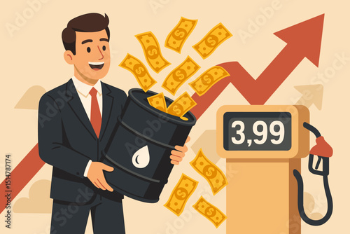 Fuel profits soaring concept. Businessman holding oil barrel overflowing with money. Rising gas prices, inflation, and energy crisis. Petroleum industry financial success illustration.