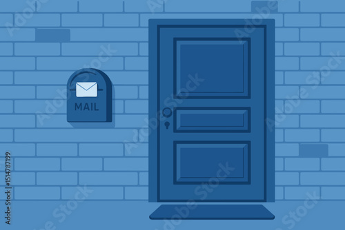 Stylish Apartment Entrance Vector Illustration. Modern Blue Home Exterior with Door, Mailbox, Letter, and Brick Wall. Residential Building Facade. Flat Design Concept for Real Estate.