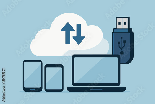 Cloud storage and USB drive for data backup and transfer. Laptop, tablet, and smartphone connect to online services. Digital information management, file synchronization and local backup concept.