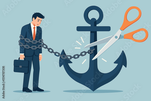 Businessman breaking free from stress, chained to heavy anchor, scissors cutting chain. Concept of escaping debt, financial burden, work problems, achieving freedom, liberation, success.