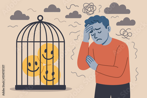 Mental health concept of suppressed positive emotions. Sad man with caged smiling emoticons, symbolizing depression, anxiety, inner conflict, and trapped happiness. Psychological illustration.