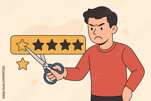 Angry man cutting bad review star. Concept of manipulating online ratings, removing negative feedback, customer service failure, reputation management, review censorship, one star rating.