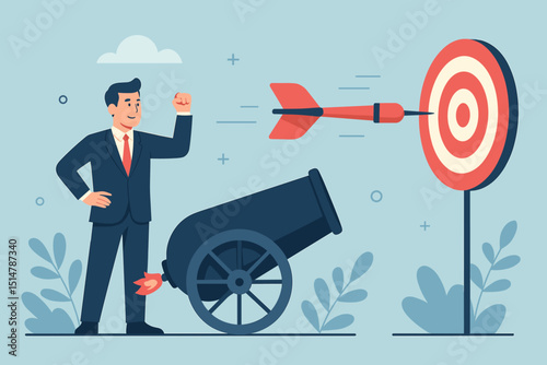 Direct hit success. Businessman goal achievement. Cannon fires dart to target bullseye. Business strategy. Precision marketing. Sales target. Victory concept. Powerful solution. Aim high.