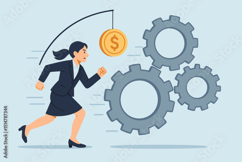 Businesswoman chasing dollar coin on stick, running with gears. Corporate efficiency metaphor. Motivation, ambition, relentless pursuit of profit. Financial incentive trap, rat race concept. Vector.
