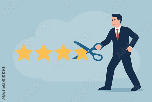 Businessman cutting star from rating system with scissors. Negative feedback impact concept. Poor review, customer dissatisfaction, bad service or product quality. Performance decrease, demotion.