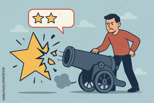 Bad review metaphor. Angry customer with cannon destroying star rating. Negative feedback, consumer dissatisfaction, online complaint, poor service, product criticism, reputation damage. Two stars.