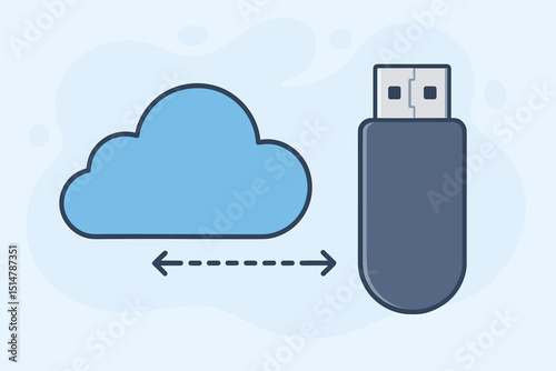 Cloud storage vs USB flash drive data transfer & backup. Online server synchronization with local memory stick. Data management, information technology, file sharing & security concept vector.
