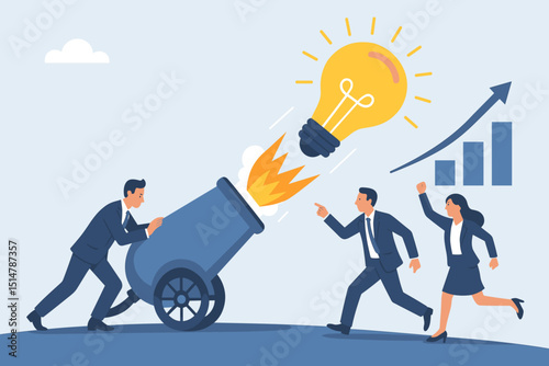 Metaphor for business startup success: Team launches a brilliant lightbulb idea from a cannon. Symbolizing innovation, project kick-off, creativity, growth, strategy, and teamwork.