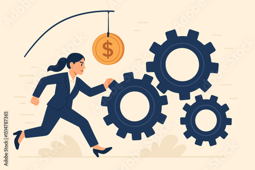 Driving corporate efficiency: Businesswoman pushing gears, chasing dollar incentive. Metaphor for ambition, motivation, financial goals, productivity, work ethic, and the career rat race.