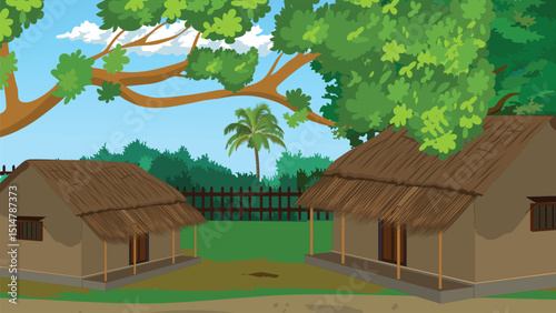 Cartoon Indian Village Scene with Traditional Mud Huts and Trees | Vector Illustration for Animation, Rural India Background Design

