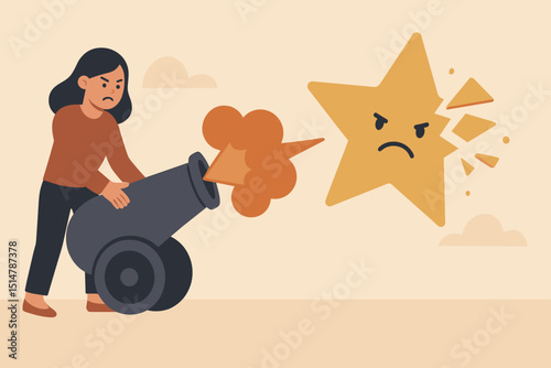 Unhappy customer destroying bad review star with cannon. Angry woman symbolizes negative feedback, client dissatisfaction. Metaphor for poor service, one-star rating, online reputation damage.