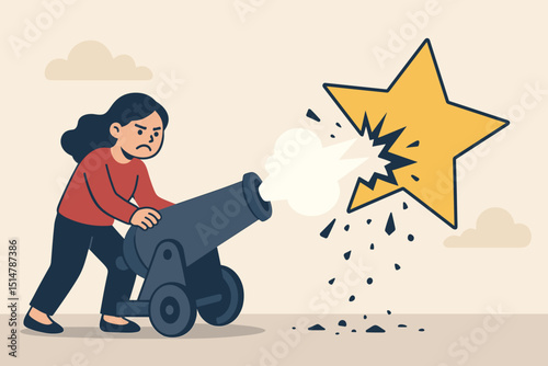 Negative customer review metaphor. Angry woman fires cannon, shattering star rating. Bad feedback, poor service, dissatisfaction. One star complaint. Reputation damage. Business problem concept.