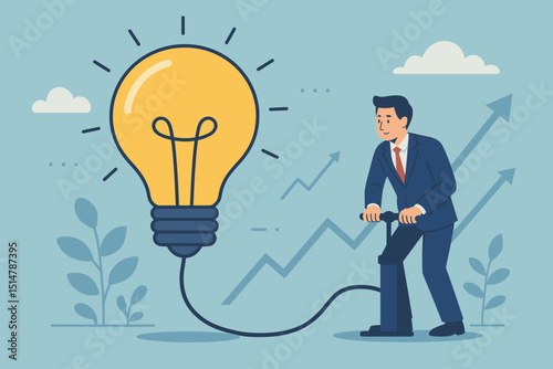 Businessman inflating a giant lightbulb idea with a pump. Concept of innovation, creativity, and business growth. Metaphor for developing new ideas, strategy, and success. Bright idea. Vision.