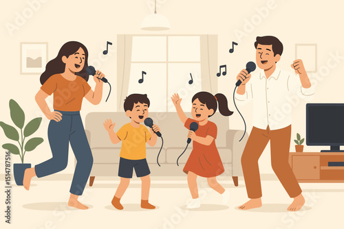 Family karaoke fun at home illustration. Parents and kids singing with microphones, musical notes. Mother, father, son, daughter enjoying leisure activity, entertainment, togetherness, happy people.