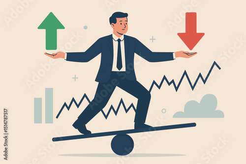 Financial risk management concept. Businessman balancing on seesaw with up and down arrows symbolizing stock market volatility, investment strategy, economic growth and recession trends.