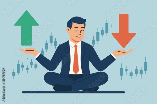 Businessman meditating, balancing stock market risks and investment opportunities. Financial strategy concept with up green arrow and down red arrow over trading chart. Volatility, profit, loss.