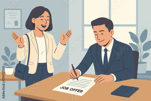 Boss signs job offer document for new employee. Manager hiring, recruitment success concept. Happy candidate gets career opportunity. Employment contract, business agreement in modern office.