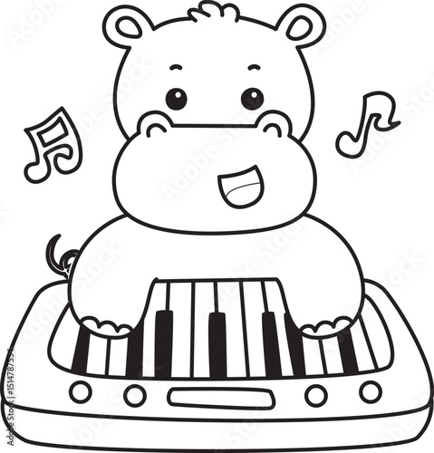 Outline of Cute hippo icon. Coloring page of Funny baby hippo animal series stock illustration. life of fluffy hippo designs.