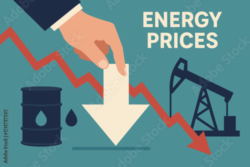 Energy prices decline concept. Businessman hand pushing down white arrow on red graph. Oil barrel, pump jack. Fuel cost reduction, fossil fuel market decrease, economic recession vector.
