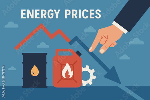 Limiting energy prices concept with hand pushing down financial graph arrow. Reducing fuel costs, oil, gasoline. Economic crisis, inflation control, market regulation vector illustration.