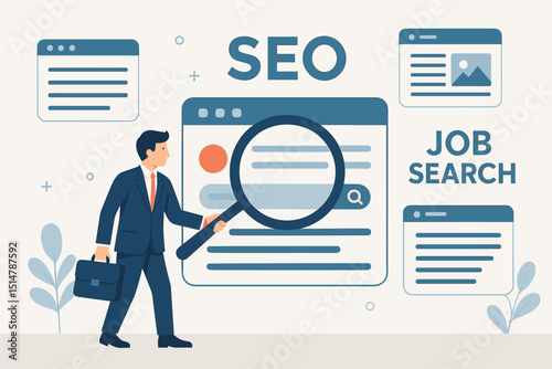 Businessman with magnifying glass analyzing SEO for online job search. Concept of digital recruitment, career exploration, employment strategy, and web optimization for professional opportunities.