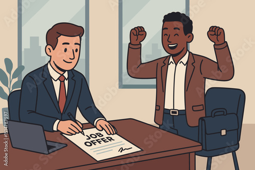 Manager signs job offer, happy diverse applicant celebrates new employment. Recruitment success, career opportunity. Business HR, hiring process, contract agreement, office. Vector cartoon.