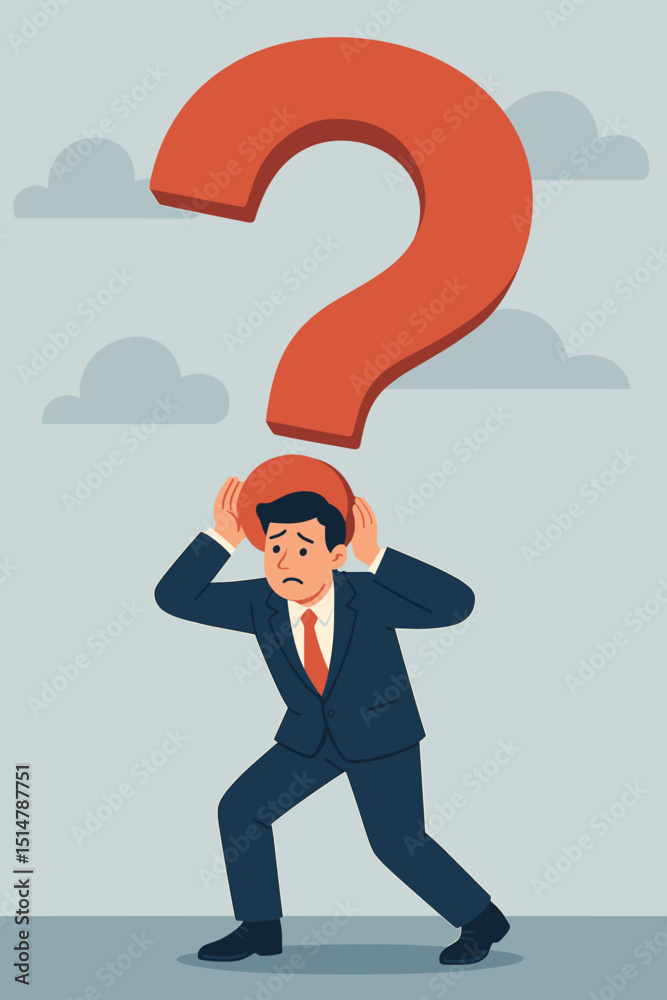 Businessman under pressure, overwhelmed by huge question mark. Concept of business dilemma, uncertainty, stress, and difficult decision. Man in suit facing crisis, challenge, anxiety. Businessman under pressure, overwhelmed by huge question mark. Concept of business dilemma, uncertainty, stress, and difficult decision. Man in suit facing crisis, challenge, anxiety.