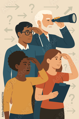 Business leadership vision with diverse team on guided journey. Group collaboration, strategic planning, looking ahead to future. Mentor guiding search for direction, overcoming uncertainty.
