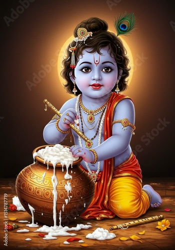 Illustration of Baby Krishna Eating Butter Divine Art Detailed