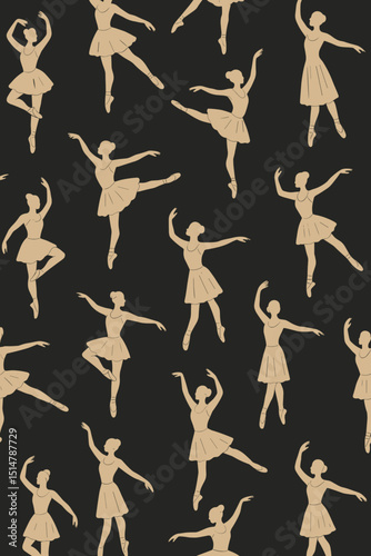 Elegant ballet dancers seamless pattern. Graceful ballerina silhouettes in classic dance poses. Beige figures on dark textured background for wallpaper, fabric, textile design, decor.