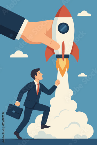 Businessman chasing rocket launch, giant hand aids startup. Business success, ambition, and growth concept. Entrepreneurship journey, innovation, career boost, new venture support. Flat vector.