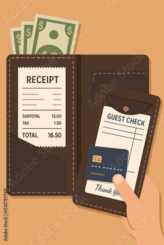 Restaurant bill payment. Customer paying guest check. Credit card transaction in bill presenter. Receipt, cash money, dollar currency. Dining expenses, finance, hospitality service, checkout concept.