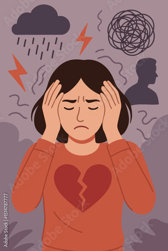 Heartbreak and mental anguish illustration. Woman suffering emotional pain, despair, anxiety. Broken heart symbol, storm cloud, lightning, confused thoughts. Psychology, depression, grief, stress.