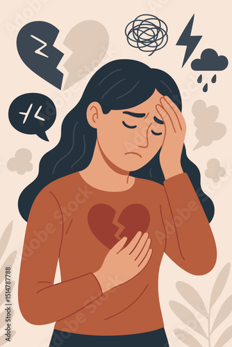 Heartbreak concept. Sad woman experiencing emotional pain, anxiety, depression. Broken heart symbol. Mental health crisis, psychological stress, grief, despair. Emotional turmoil vector.