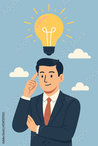 Creative businessman thinking, lightbulb idea concept. Innovation, brainstorming, and problem-solving metaphor. Inspiration for business strategy, discovery, and success. Eureka moment.