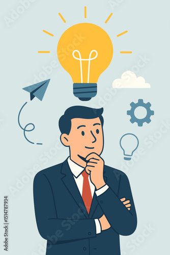 Creative business brainstorming: thoughtful businessman with bright lightbulb idea. Symbolizing innovation, strategy, inspiration, problem solving, startup launch, new solutions. Vector art.