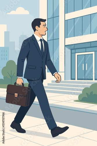 Businessman in formal suit walking to modern office building with briefcase. Professional executive commuting to work meeting. Corporate career journey. Urban cityscape background. Business concept.