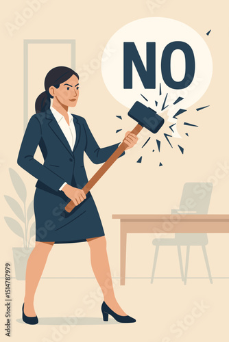 Businesswoman breaking barriers metaphor. Strong woman with sledgehammer smashing 'NO' symbol. Overcoming obstacles, empowerment, career success, shattering limits. Office. Determination concept.