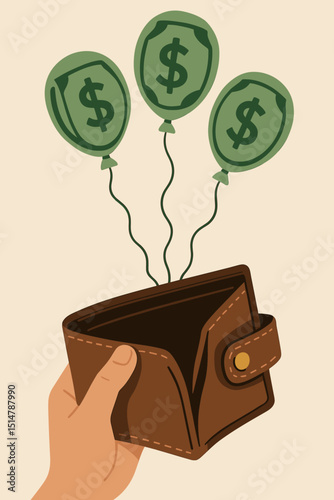 Empty wallet, money loss concept. Financial struggles illustrated, dollar balloons fly away. Metaphor for inflation, debt, poverty, economic crisis, vanishing savings, high expenses, monetary decline.