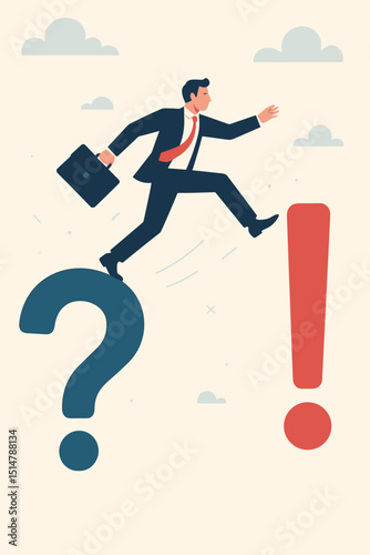 Businessman leaping from question mark to exclamation mark. Problem solving concept, finding business solutions, overcoming challenges. Transition from uncertainty to clarity, strategy and success.