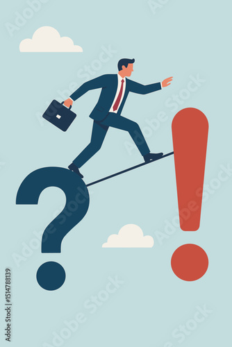 Businessman balancing on tightrope from question mark to exclamation point. Concept of business problem solving, navigating uncertainty to find solutions, strategy, risk, and achievement.