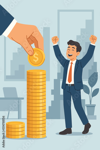 Salary increase celebration. Financial success. Happy businessman employee receiving income boost, bonus payment. Hand stacking gold coins. Wealth, profit, career growth, achievement, reward.