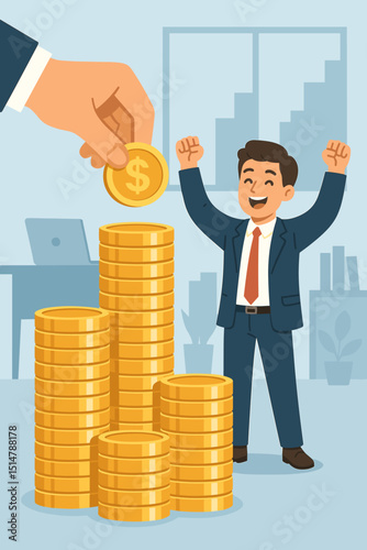 Happy businessman celebrating salary increase, financial bonus, income growth. Employee success, career promotion with stacks of gold coins. Investment profit, wage raise reward concept vector.