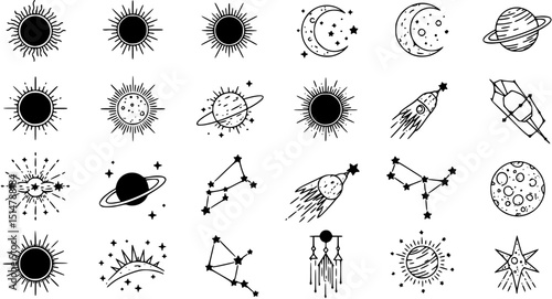 Celestial silhouette icons set – outline, cosmic and astronomy symbols collection
