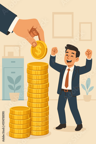 Happy businessman celebrating salary increase, financial success. Boss hand giving gold coin bonus. Income growth, promotion reward, wealth building. Vector illustration, financial concept.