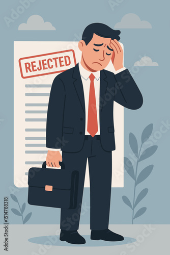 Job rejection concept. Disappointed businessman feeling stress after failed interview. Unemployed man sad about rejected application. Career crisis, professional failure, bad news vector.