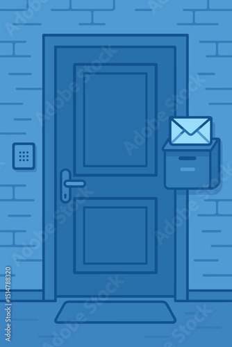Stylish blue monochrome brick house entrance vector illustration. Modern flat design front door, doormat, security intercom, keypad, mailbox with letter. Home, communication, delivery concept.